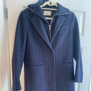 Stylish Sandro Pinstripe Wool Coat with Sweater Detail